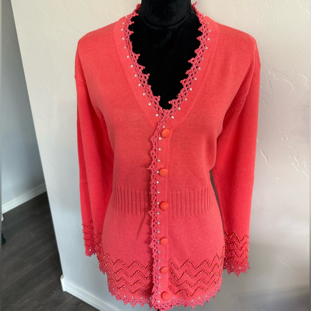 Storybook Knits Pink Cardigan with Embroidered Beaded Trim and Lace Buttons. L